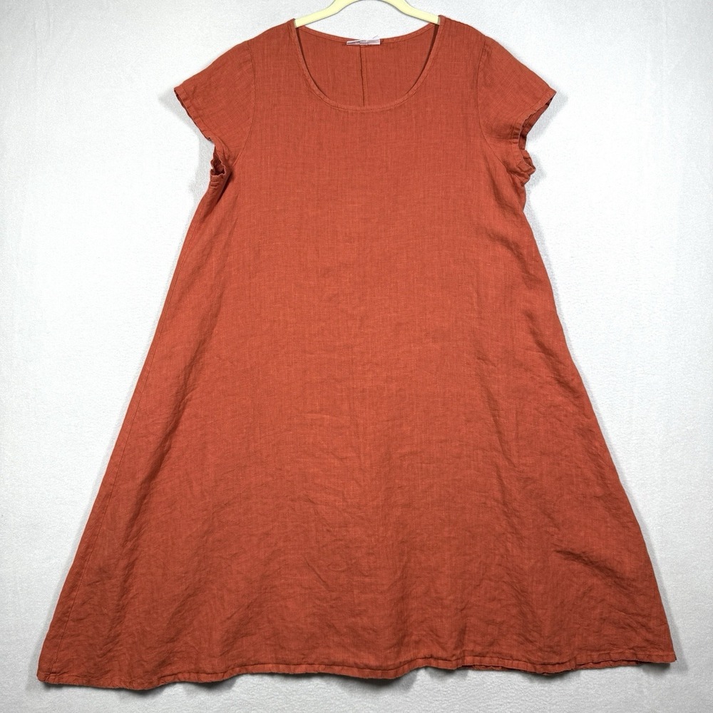 Bryn Walker Dress Womens Medium Linen Midi Lagenlook Short Sleeve Orange Fall